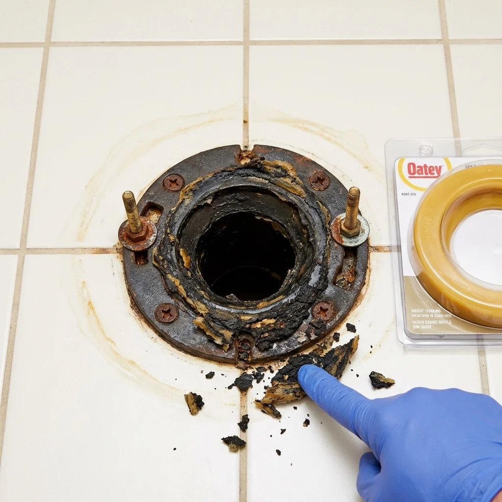 Failed wax ring showing water seepage at the base of a toilet in a Waverly, MN home